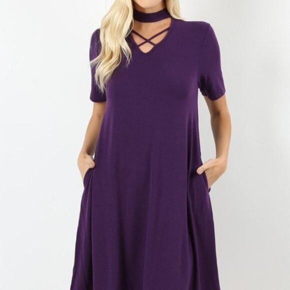 Zenana NWT Large Purple Choker Dress Plum Criss Cross Strappy Knee Length - Picture 6 of 9